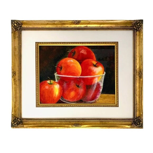Painting Red Apple Oil on Canvas Framed and Signed Vintage Still Life Art Decor